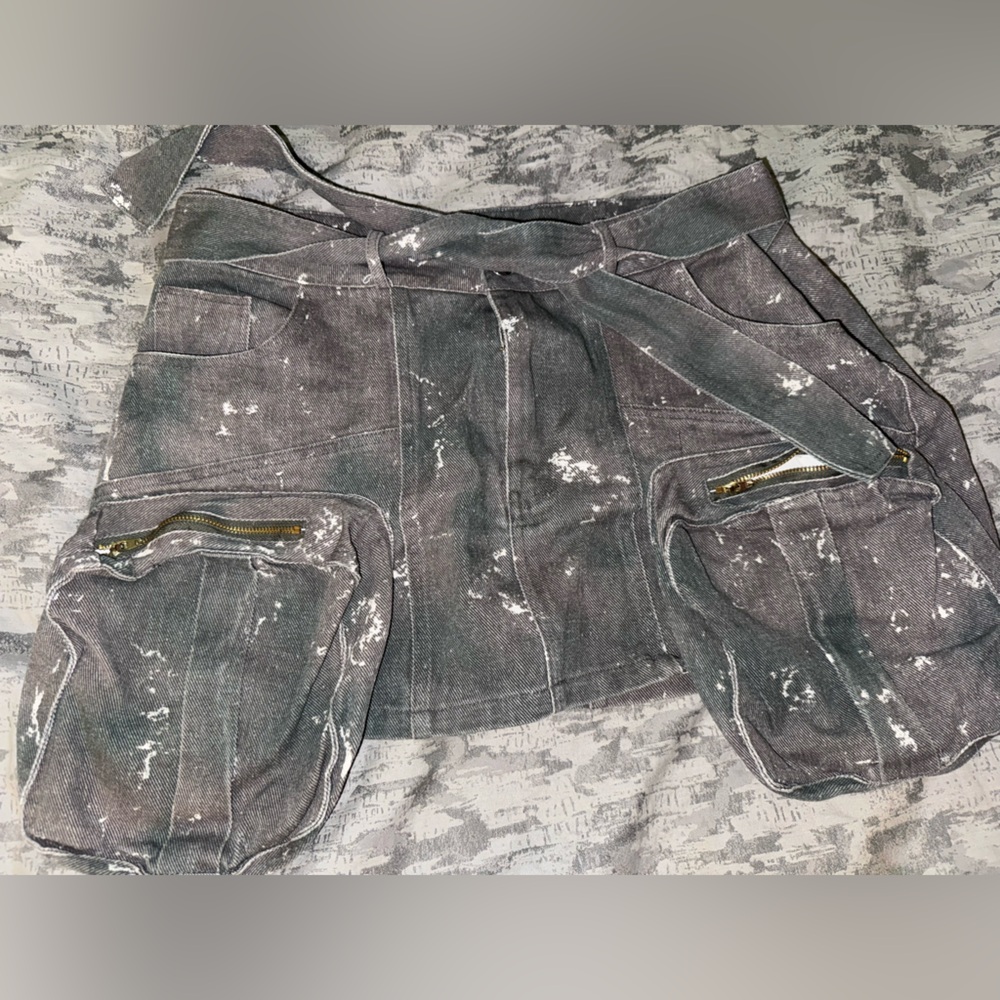Grey denim cargo mini skirt